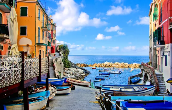 Картинка море, побережье, вилла, лодки, Италия, домики, Riomaggiore, travel