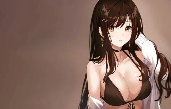 Girl, sexy, cleavage, long hair, brown hair, boobs, anime, beautiful