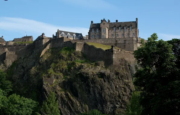 Деревья, скала, замок, стены, Шотландия, крепость, Edinburgh Castle