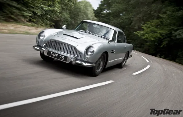 Дорога, деревья, Aston Martin, Top Gear, Джеймс Бонд, Астон Мартин, 1964, самая лучшая телепередача