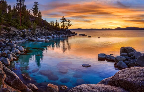 Картинка закат, озеро, камни, California, Nevada, Lake, Lake tahoe, Sierrа