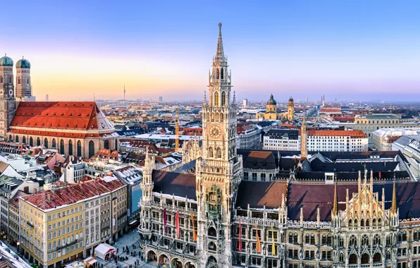 Картинка город, здания, дома, Германия, Мюнхен, площадь, панорама, собор