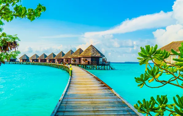 Картинка море, пляж, пирс, домик, курорт, beach, sea, paradise