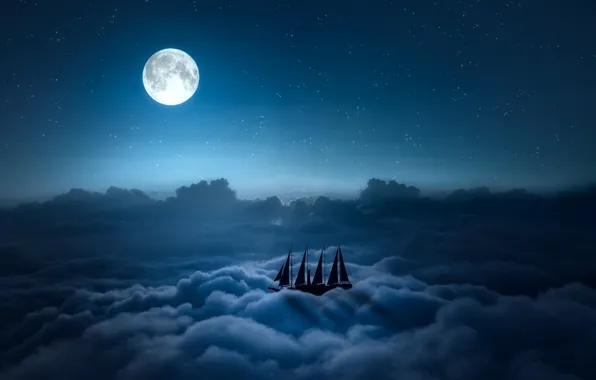 Картинка небо, звезды, облака, ночь, луна, парусник