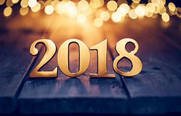 Картинка новый год, цифры, золотые, боке, 2018