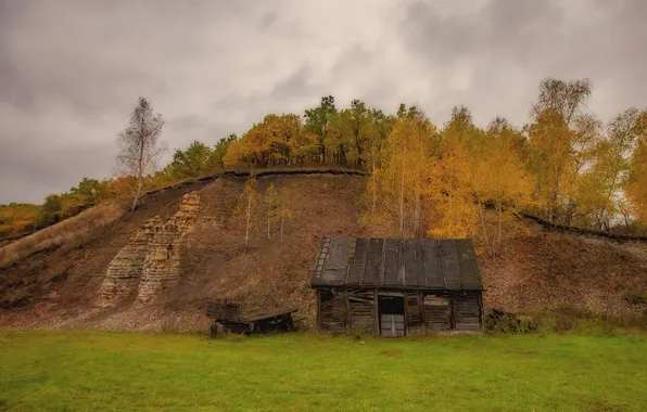 Поле, осень, лес, горы, пасмурно, холмы, домик