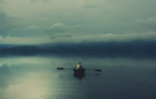 Картинка одиночество, Озеро, лодочник, мгла