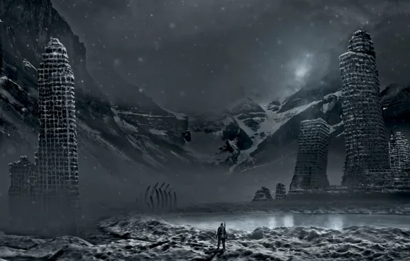 Картинка зима, снег, горы, город, озеро, оружие, человек, арт