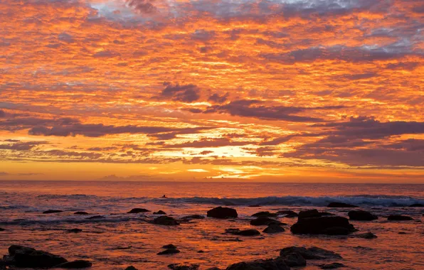 Beach, twilight, sea, ocean, sunset, seascape, clouds, rocks