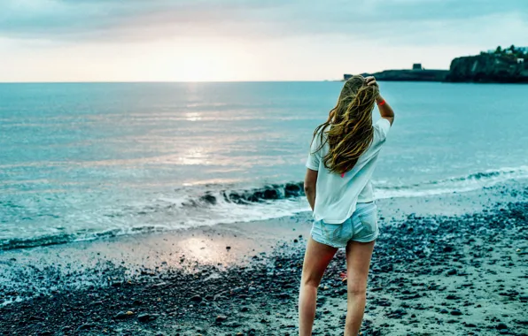 Картинка Girl, Coast, Ocean, Stones, Waves