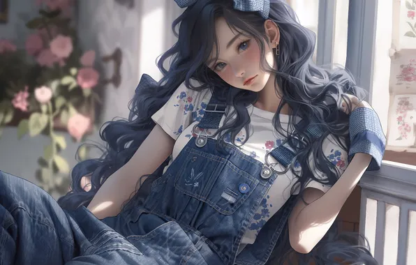 Картинка девушка, long hair, blue eyes, flowers, brunette, anime girls, T-shirt, overalls