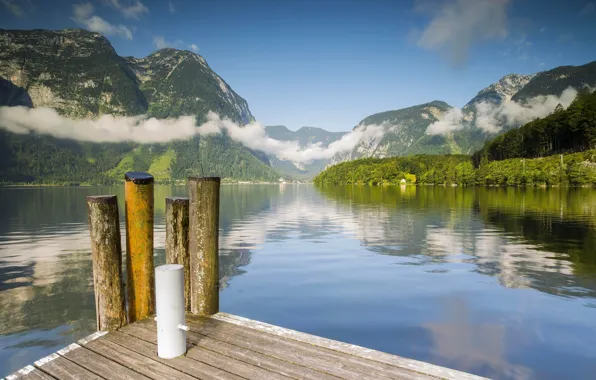 Вода, облака, горы, озеро, пристань, Австрия, Альпы, Austria