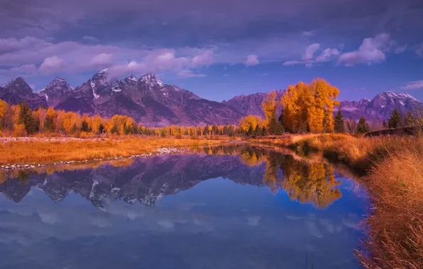 Картинка осень, лес, небо, деревья, горы, озеро, отражение