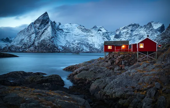 Зима, горы, природа, скалы, Норвегия, домики, поселок, фьорд