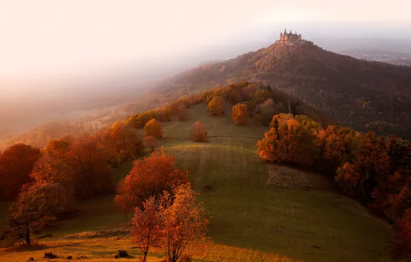 Осень, свет, туман, замок, утро, Германия, холм, дымка