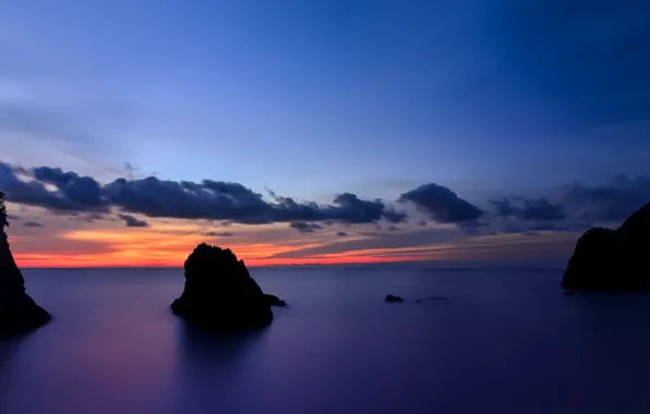 Картинка небо, облака, закат, оранжевый, океан, скалы, берег, остров