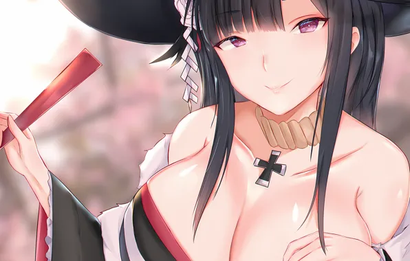 Girl, sexy, cleavage, blouse, long hair, hat, boobs, anime