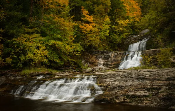 Картинка осень, лес, водопад, каскад, Connecticut, Kent Falls