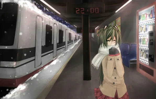 Картинка девушка, снег, метро, поезд, станция, вагоны, vocaloid, hatsune miku
