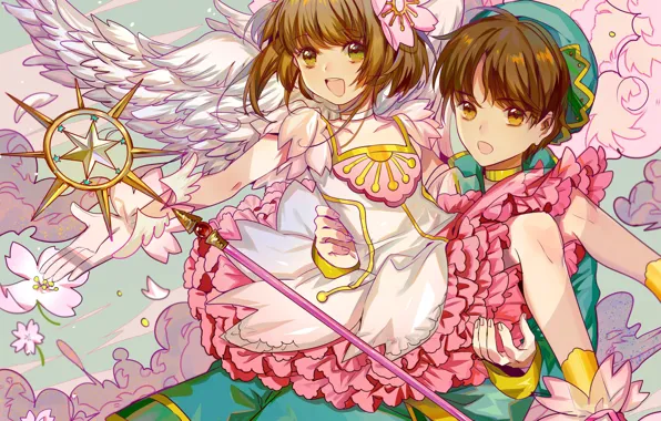 Крылья, ангел, весна, мальчик, арт, девочка, двое, Card Captor Sakura