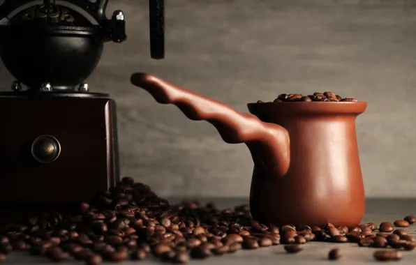 Картинка кофе, background, coffee, турка, кофемолка, керамическая турка, кофе в зернах