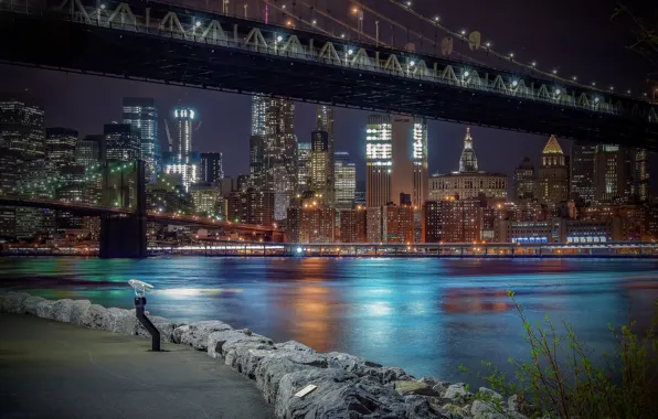 Пролив, здания, Нью-Йорк, Бруклинский мост, мосты, ночной город, Манхэттен, набережная