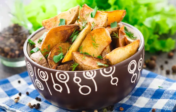 Миска, дольки, картошка, жареная
