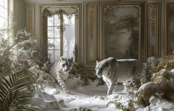 Картинка снег, дикие кошки, парочка, снежные барсы, ирбисы, нейросеть, снежные леопарды
