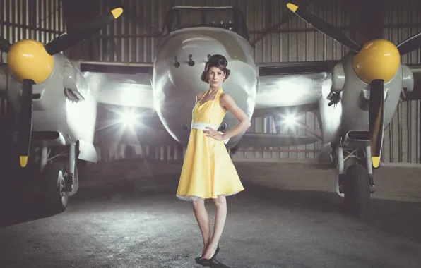 Девушка, платье, самолёт, Vintage