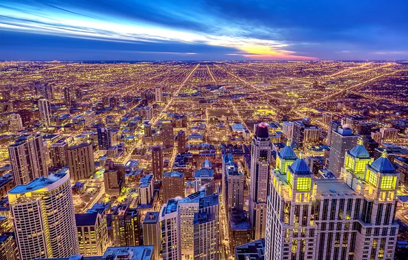 Картинка город, здания, небоскребы, вечер, Чикаго, панорама, USA, Иллинойс