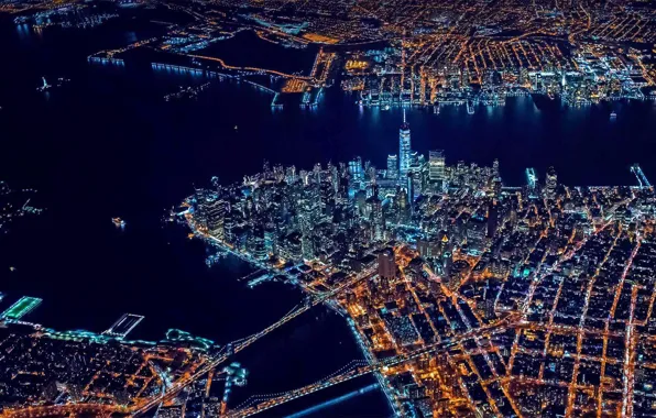 Город, огни, Нью-Йорк, вечер, Манхэттен, New York On Air, вид с воздуха на Нижний Манхэттен