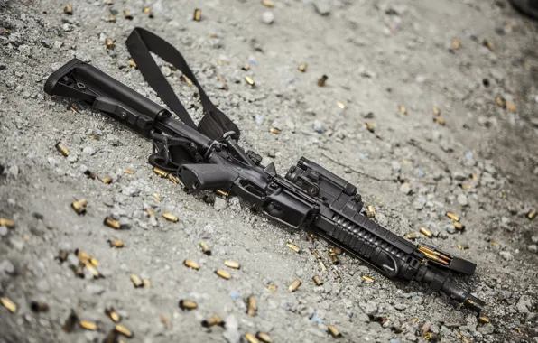 Оружие, автомат, гравий, гильзы, AR-15, штурмовая винтовка