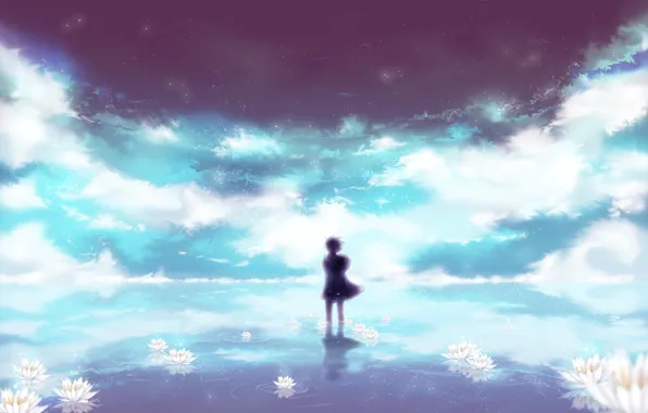 Картинка небо, вода, звезды, облака, цветы, отражение, ветер, лилии