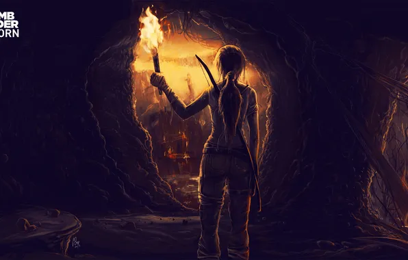 Картинка девушка, факел, Tomb Raider, пещера, лара крофт