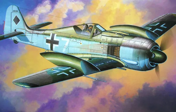 Картинка fighter, war, art, airplane, painting, ww2, Fw190A-7 w/Slipper Tank