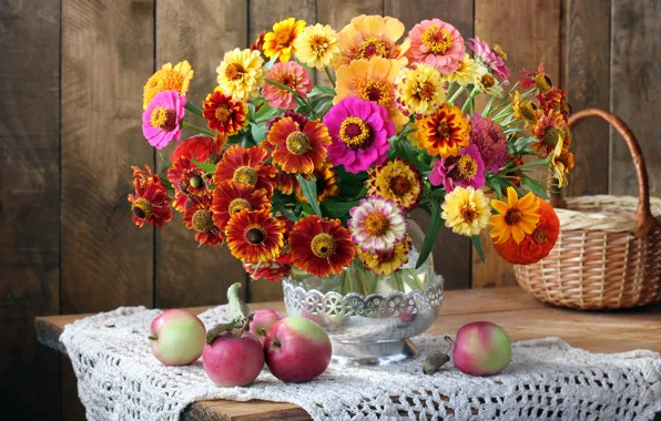 Осень, цветы, яблоки, букет, colorful, фрукты, натюрморт, flowers