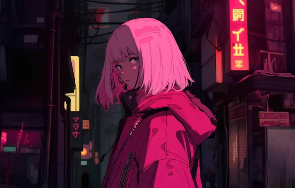 Ночь, city, город, аниме, девочка, girl, pink hair, anime
