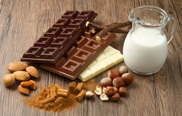 Картинка шоколад, молоко, орехи, миндаль, сладкое, фундук