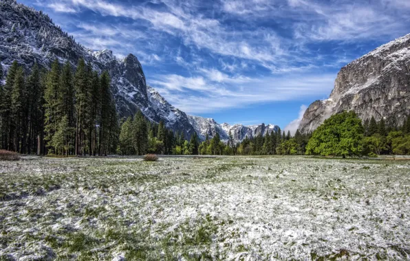 Снег, горы, Калифорния, Yosemite Valley