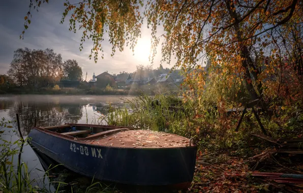 Картинка осень, пейзаж, природа, город, река, лодка, утро, Плёс