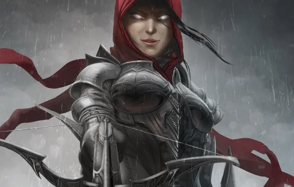 Картинка девушка, дождь, арт, капюшон, Diablo III, доспех, арбалет, Demon Hunter