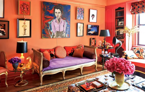 Дизайн, стиль, интерьер, картины, софа, гостиная, теплые цвета, best living rooms in Vogue