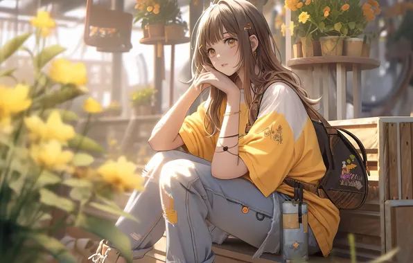 Картинка девушка, flowers, jeans, brunette, boots, anime girls, T-shirt, schoolgirl