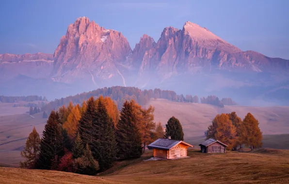 Картинка осень, деревья, горы, Альпы, домик
