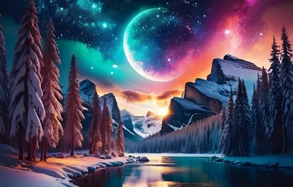 Зима, иней, лес, небо, звезды, свет, снег, горы