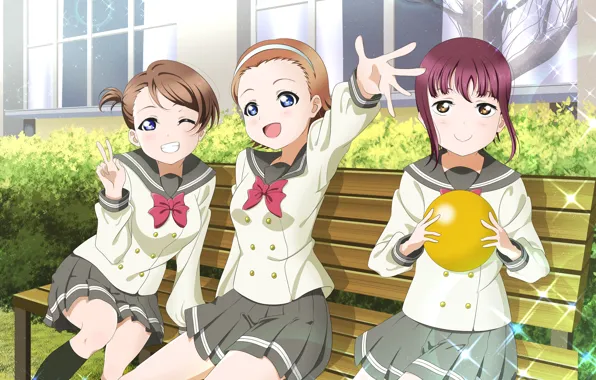 Зелень, скамейка, девочки, блеск, окна, школа, Love Live School Idol Project, Живая любовь