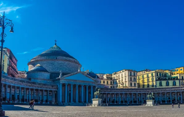 Площадь, Италия, церковь, фонарь, архитектура, статуи, Italy, Naples