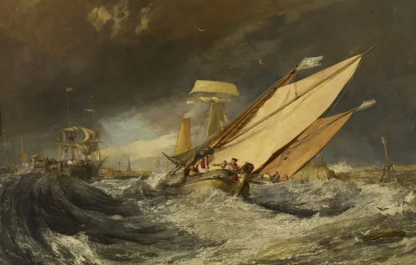 Картинка море, волны, шторм, люди, корабль, картина, парус, морской пейзаж