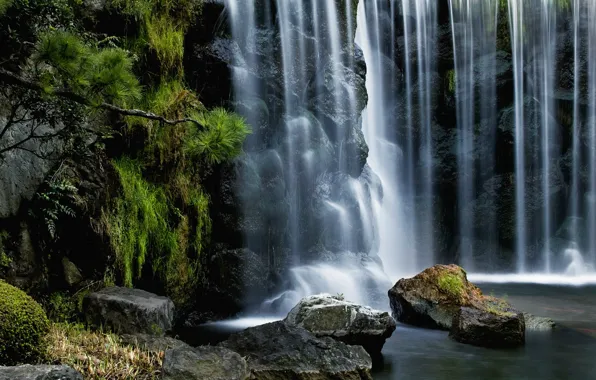 Картинка камни, водопад, поток, хвоя