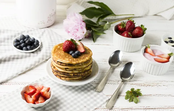 Ягоды, завтрак, блины, breakfast, йогурт